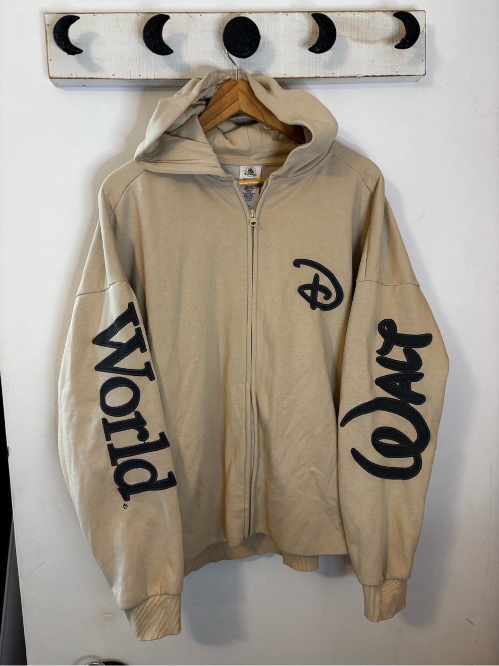 Beige Disney Zip-Up Hoodie with Gray Embroidered Patch Script